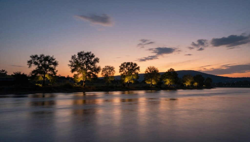 A captivating long exposure photograph showcasing a serene landscape at twilight. In the foreground, gently flowing water reflects the delicate hues of sunset, its surface adorned with subtle light leaks that create a dreamlike effect. In the middle ground, a row of softly illuminated trees stands, their silhouettes casting gentle shadows, while a distant hill adds depth. The background features a dusky sky transitioning from orange to deep blue, alive with wispy clouds that catch the fading light. The atmosphere is tranquil and ethereal, conveying a sense of calmness. The image is captured with a wide-angle lens to emphasize depth, utilizing a slow shutter speed to beautifully blend colors and light while managing potential vignetting caused by ND filters.