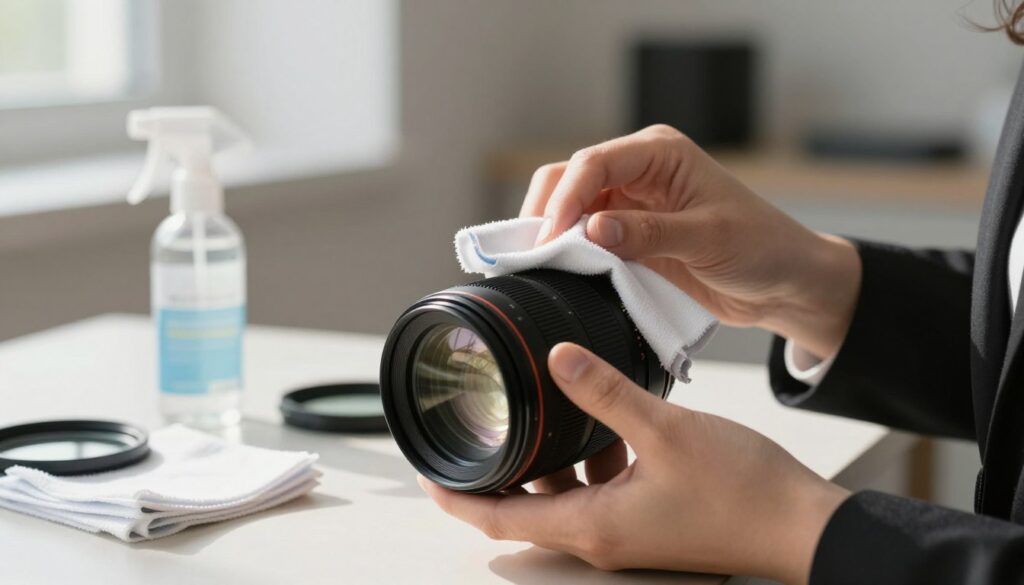 A close-up image focusing on a person wearing professional attire, carefully cleaning a glass ND filter using a microfiber cloth. The foreground showcases the lens being cleaned, with soft reflections of light glinting off its surface, emphasizing its clarity. In the middle ground, scattered cleaning supplies such as a spray bottle with lens cleaner and additional microfiber cloths add context to the cleaning process. The background features a softly blurred photography studio setup, with a neutral color palette to keep the focus on the cleaning action. Natural daylight streams in from a nearby window, illuminating the scene and creating a clean, tidy atmosphere. The overall mood is focused and meticulous, reflecting the importance of proper lens care.