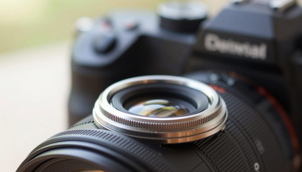 A close-up image of a secure fit step-up ring positioned on a high-quality camera lens, showcasing the intricate threading and smooth surface. The foreground focuses on the ring, highlighting its metallic finish and precision engineering. In the middle ground, a blurred camera body is visible, hinting at the context of photography. The background features soft bokeh of natural light, lending a warm and inviting atmosphere. The lighting is bright but soft, illuminating the ring's details without harsh shadows. The angle is slightly elevated, offering a clear view of the ring's fit onto the lens, emphasizing the theme of security and reliability in photography. The overall mood is professional and informative.
