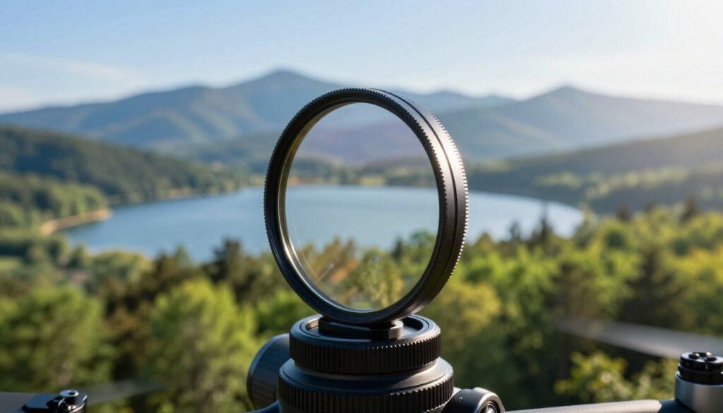 A close-up of a polarizing ND hybrid filter, prominently displayed in the foreground, showcasing its unique multi-layered design and reflective surface. The filter should be positioned on a DJI drone camera lens, emphasizing its importance for aerial photography. In the middle ground, a scenic landscape unfolds, featuring vibrant green forests and a serene blue lake under a clear sky. Soft sunlight filters through the trees, creating dappled light on the scene, highlighting the filter’s effect on color saturation and contrast. In the background, distant mountains rise, partially covered in mist, adding depth and a sense of tranquility. The overall mood is calm and professional, ideal for illustrating the technique of using ND filters in drone cinematography. A close-up of a polarizing ND hybrid filter, prominently displayed in the foreground, showcasing its unique multi-layered design and reflective surface. The filter should be positioned on a DJI drone camera lens, emphasizing its importance for aerial photography. In the middle ground, a scenic landscape unfolds, featuring vibrant green forests and a serene blue lake under a clear sky. Soft sunlight filters through the trees, creating dappled light on the scene, highlighting the filter’s effect on color saturation and contrast. In the background, distant mountains rise, partially covered in mist, adding depth and a sense of tranquility. The overall mood is calm and professional, ideal for illustrating the technique of using ND filters in drone cinematography.