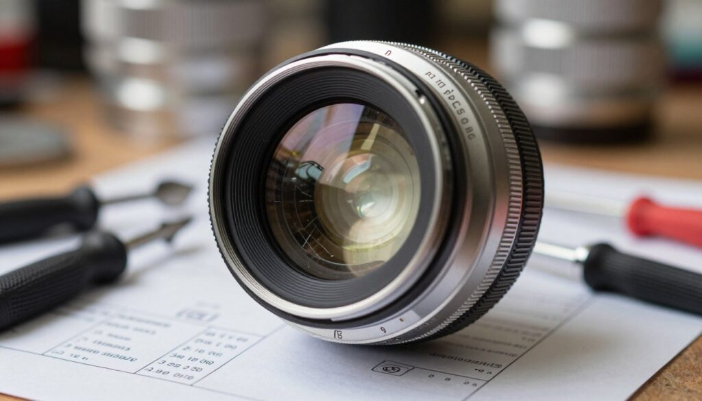 A close-up shot of a camera lens with a stuck lens filter, prominently displayed in the foreground. The lens should be silver and reflect a soft, diffused light that highlights its intricate glass elements and detailed engravings. The stuck filter should show visible signs of distress, such as scratches or dirt, to convey the struggle of removal. In the middle ground, a set of professional repair tools like rubber grips and a manual with guidelines on safely handling camera equipment can be seen, emphasizing repair readiness. The background is softly blurred, featuring a workshop environment with tools and light reflecting off metallic surfaces, creating a focused yet slightly tense atmosphere, suitable for professional scenarios. A close-up shot of a camera lens with a stuck lens filter, prominently displayed in the foreground. The lens should be silver and reflect a soft, diffused light that highlights its intricate glass elements and detailed engravings. The stuck filter should show visible signs of distress, such as scratches or dirt, to convey the struggle of removal. In the middle ground, a set of professional repair tools like rubber grips and a manual with guidelines on safely handling camera equipment can be seen, emphasizing repair readiness. The background is softly blurred, featuring a workshop environment with tools and light reflecting off metallic surfaces, creating a focused yet slightly tense atmosphere, suitable for professional scenarios.