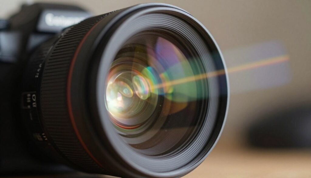 A close-up shot of a camera lens with light entering through the glass, creating a vivid interplay of colors and shapes. The foreground features the intricate details of the lens, highlighting the multi-coated glass surface reflecting brilliant rays of light. In the middle ground, the light rays scatter, creating a beautiful bokeh effect that illustrates the concept of variable and fixed ND filters and how they affect exposure. The background is softly blurred, evoking a tranquil photography studio atmosphere with warm, diffused lighting. The overall mood is informative yet artistic, capturing the essence of how light interacts with camera equipment. The angle of the shot should showcase the lens in a slightly tilted view to emphasize depth and precision, illustrating a moment of creativity in photography. A close-up shot of a camera lens with light entering through the glass, creating a vivid interplay of colors and shapes. The foreground features the intricate details of the lens, highlighting the multi-coated glass surface reflecting brilliant rays of light. In the middle ground, the light rays scatter, creating a beautiful bokeh effect that illustrates the concept of variable and fixed ND filters and how they affect exposure. The background is softly blurred, evoking a tranquil photography studio atmosphere with warm, diffused lighting. The overall mood is informative yet artistic, capturing the essence of how light interacts with camera equipment. The angle of the shot should showcase the lens in a slightly tilted view to emphasize depth and precision, illustrating a moment of creativity in photography.