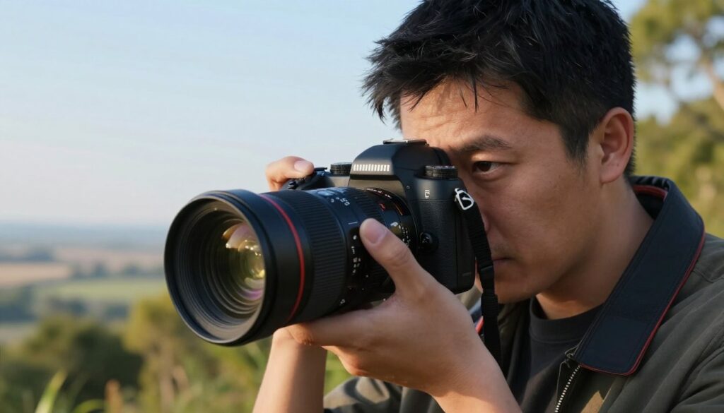 A close-up shot of a photographer outdoors, holding a camera equipped with a neutral density (ND) filter, with a background featuring a scenic landscape. The foreground emphasizes the photographer's focused expression, showcasing their attention to detail in preventing vignetting. The middle layer includes the camera and lens details, highlighting the ND filter and its effect on light. In the background, a vibrant, well-lit scene of trees and a clear sky blends into a softly blurred horizon, illustrating ideal lighting conditions. The atmosphere is professional and serene, capturing a moment of concentration and creativity in photography. Natural light is soft and warm, accentuating the colors and enhancing the clarity of the scene.