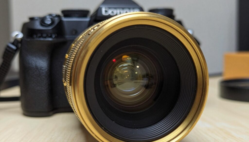 A close-up view of a brass front lens element, showcasing its intricate details and texture. The lens should be positioned prominently in the foreground, reflecting soft ambient lighting that enhances its golden hues and polished surface. Small specks of dust and fingerprints may subtly contrast against the brass, illustrating common issues faced by photographers. In the middle ground, a slightly blurred camera body should be visible, indicating its connection to the lens but not overpowering the central focus. The background features a softly illuminated workspace, hinting at a creative environment without distraction. The overall mood should be one of precision and care, evoking a sense of craftsmanship involved in photography. A close-up view of a brass front lens element, showcasing its intricate details and texture. The lens should be positioned prominently in the foreground, reflecting soft ambient lighting that enhances its golden hues and polished surface. Small specks of dust and fingerprints may subtly contrast against the brass, illustrating common issues faced by photographers. In the middle ground, a slightly blurred camera body should be visible, indicating its connection to the lens but not overpowering the central focus. The background features a softly illuminated workspace, hinting at a creative environment without distraction. The overall mood should be one of precision and care, evoking a sense of craftsmanship involved in photography.