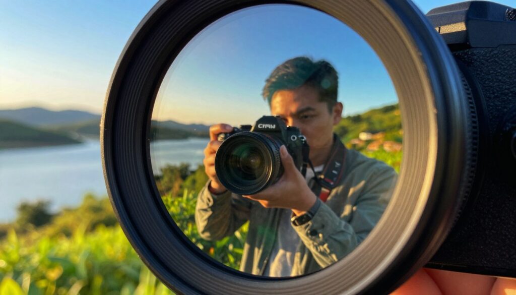 A close-up view of a circular polarizer filter placed on a professional camera lens, showcasing its intricate glass layers and metallic frame. In the foreground, the filter captures vibrant colors from a lush landscape, including rich greens of foliage and bright blues of the sky. The sunlight creates a warm, golden-hour glow, illuminating the scene and enhancing the saturation of the colors, reflecting the effect of the polarizer. In the middle section, a photographer is seen adjusting the filter, dressed in casual yet professional attire, with a focused expression. The background reveals rolling hills and a shimmering lake, creating a serene landscape atmosphere that conveys the idea of mastering CPL filters for photography. The composition emphasizes clarity, with soft bokeh effects in the background. A close-up view of a circular polarizer filter placed on a professional camera lens, showcasing its intricate glass layers and metallic frame. In the foreground, the filter captures vibrant colors from a lush landscape, including rich greens of foliage and bright blues of the sky. The sunlight creates a warm, golden-hour glow, illuminating the scene and enhancing the saturation of the colors, reflecting the effect of the polarizer. In the middle section, a photographer is seen adjusting the filter, dressed in casual yet professional attire, with a focused expression. The background reveals rolling hills and a shimmering lake, creating a serene landscape atmosphere that conveys the idea of mastering CPL filters for photography. The composition emphasizes clarity, with soft bokeh effects in the background.