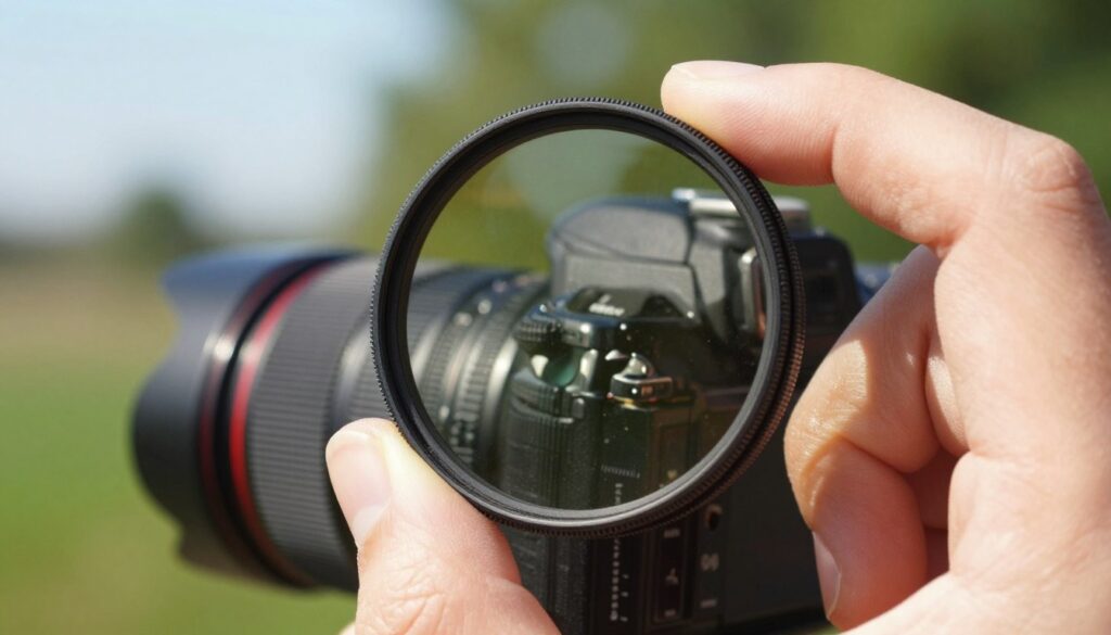A close-up view of a neutral density filter held between two fingers, showcasing the filter's sleek, dark glass surface reflecting light. In the foreground, vivid details of the filter's edges and texture are sharply in focus. In the middle ground, a professional camera with a lens is partially visible, hinting at the photography theme. The background features a bright outdoor scene with sunny skies and blurred green foliage, creating a warm and inviting atmosphere. The lighting is bright and natural, highlighting the effects of the ND filter on the scene, while enhancing the contrast between sharp and blurred elements. The composition emphasizes the practical application of the filter in photography, illustrating how it can create a soft background in bright light.