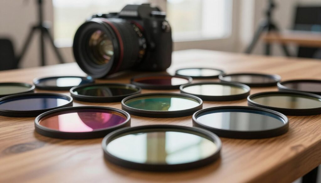 A close-up view of a set of color neutrality filters arranged on a polished wooden surface, reflecting a range of vibrant colors. The foreground features several filters, showcasing their circular shape and smooth glass surface, glimmering under soft, diffused natural light. In the middle ground, a high-end camera lens is partially visible, hinting at professional filmmaking equipment. The background is softly blurred to maintain focus on the filters, with hints of a studio workspace that includes tripods and lights in a warm color scheme. The atmosphere conveys a sense of professionalism and innovation, emphasizing the importance of color accuracy in fast-paced filming scenarios.