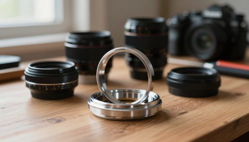 A close-up view of a step-up ring filter, elegantly displayed on a wooden table. The foreground features the ring itself, showcasing its shiny metallic finish and precisely threaded edges, reflecting soft diffused light from a nearby window. In the middle ground, several lenses of various sizes are partially arranged, illustrating the compatibility the step-up ring offers with different equipment. The background is softly blurred, featuring a subtle workshop environment with camera gear and tools, enhancing the theme of photography and equipment usage. The atmosphere is warm and inviting, with natural light creating gentle highlights and shadows to emphasize the textures of the materials. A close-up view of a step-up ring filter, elegantly displayed on a wooden table. The foreground features the ring itself, showcasing its shiny metallic finish and precisely threaded edges, reflecting soft diffused light from a nearby window. In the middle ground, several lenses of various sizes are partially arranged, illustrating the compatibility the step-up ring offers with different equipment. The background is softly blurred, featuring a subtle workshop environment with camera gear and tools, enhancing the theme of photography and equipment usage. The atmosphere is warm and inviting, with natural light creating gentle highlights and shadows to emphasize the textures of the materials.