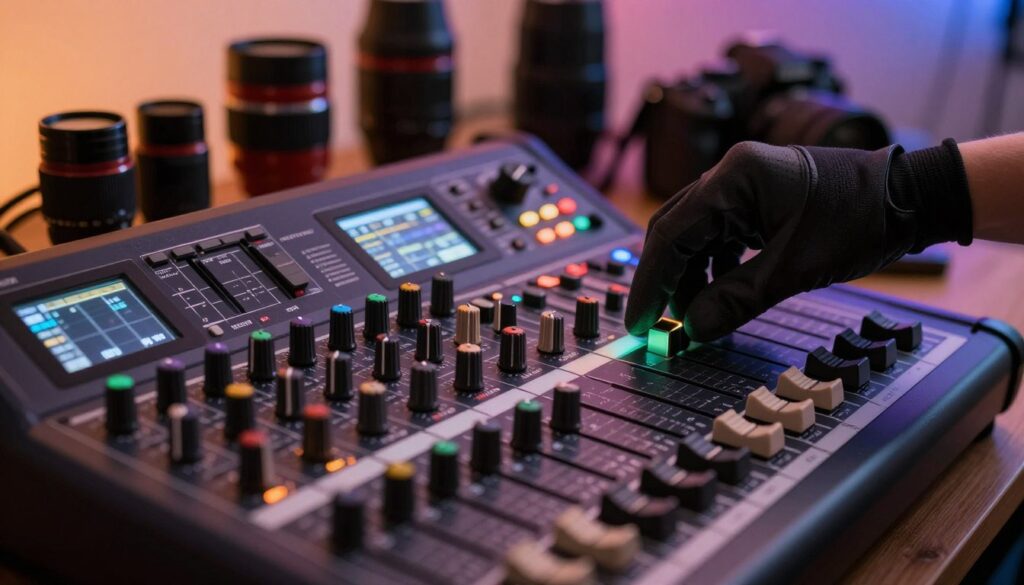 A detailed close-up of a professional channel mixer interface, showcasing various controls and knobs with vibrant colors labeled for easy recognition. The foreground features a sleek digital mixing display illuminated by soft, diffused LED lights, emphasizing a high-tech, modern atmosphere. In the middle, a hand adjusting one of the dials, wearing a professional glove to symbolize precision in color correction techniques. The background includes a softly blurred assortment of photography equipment, like ND filters and cameras, creating depth and context. The lighting is warm and inviting, setting a mood that combines focus and creativity, under a subtle gradient backdrop that reflects the theme of color adjustment. A detailed close-up of a professional channel mixer interface, showcasing various controls and knobs with vibrant colors labeled for easy recognition. The foreground features a sleek digital mixing display illuminated by soft, diffused LED lights, emphasizing a high-tech, modern atmosphere. In the middle, a hand adjusting one of the dials, wearing a professional glove to symbolize precision in color correction techniques. The background includes a softly blurred assortment of photography equipment, like ND filters and cameras, creating depth and context. The lighting is warm and inviting, setting a mood that combines focus and creativity, under a subtle gradient backdrop that reflects the theme of color adjustment.