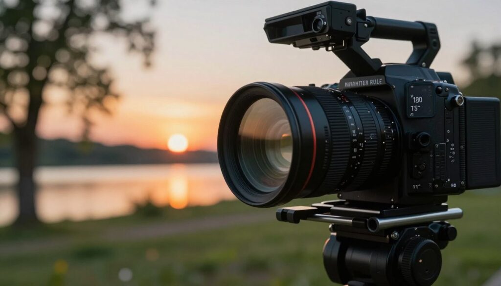 A detailed composition illustrating the concept of an ND filter in relation to the 180-degree shutter rule. In the foreground, showcase a cinematic camera rig equipped with a high-quality ND filter, highlighting the filter's glass interface reflecting subtle light. In the middle, depict a picturesque outdoor setting during golden hour, with vivid colors of a sunset casting warm tones over natural landscapes. The background should feature softly blurred trees and a serene lake, hinting at motion blur effects to demonstrate the shutter rule's impact. The lighting should be soft and even, emphasizing the atmosphere of creativity and focus, while ensuring that everything feels harmonious and visually engaging, perfect for a photography enthusiasts' guide.