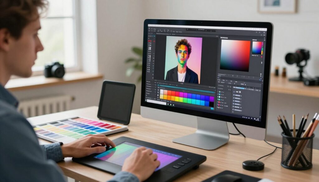 A digital artist’s workspace, showcasing a computer screen displaying image editing software with vibrant color correction tools highlighted. In the foreground, a focused artist in professional business attire adjusts color sliders using a graphics tablet. The middle ground features an open color palette filled with swatches, and an ND filter positioned prominently to depict the subject matter. The background reveals a softly lit room with organized photography gear and a large window allowing natural light to infuse the space, creating a bright, inspiring atmosphere. The scene conveys a sense of creativity and professionalism, inviting viewers to understand the process of correcting color cast issues in post-production. Subtle reflections of color adjustments on the artist's face add depth to the atmosphere. A digital artist’s workspace, showcasing a computer screen displaying image editing software with vibrant color correction tools highlighted. In the foreground, a focused artist in professional business attire adjusts color sliders using a graphics tablet. The middle ground features an open color palette filled with swatches, and an ND filter positioned prominently to depict the subject matter. The background reveals a softly lit room with organized photography gear and a large window allowing natural light to infuse the space, creating a bright, inspiring atmosphere. The scene conveys a sense of creativity and professionalism, inviting viewers to understand the process of correcting color cast issues in post-production. Subtle reflections of color adjustments on the artist's face add depth to the atmosphere.
