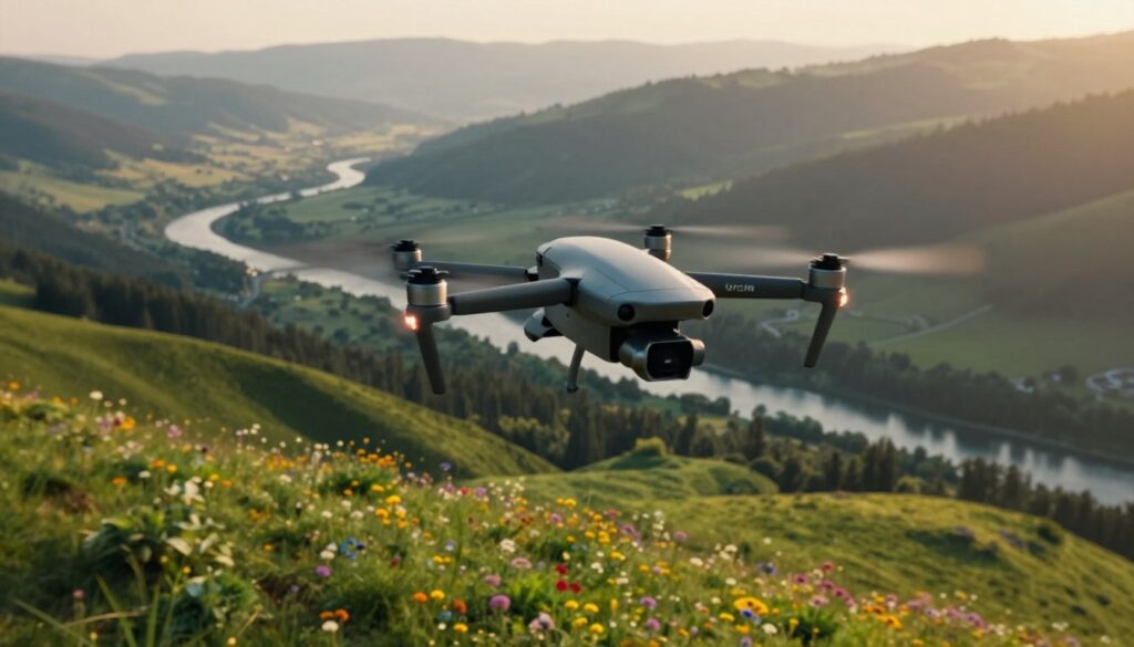 A dynamic aerial shot showcasing a DJI drone soaring through the sky, captured at a low angle to emphasize its sleek design. The foreground features vibrant green hills punctuated by colorful wildflowers in sharp focus, while the drone displays motion blur, illustrating the effects of a fast shutter speed. The middle ground presents a majestic landscape below, with a winding river and patches of dense forest under soft, golden-hour sunlight. In the background, distant mountains are shrouded in mist, creating depth. The overall mood is adventurous and cinematic, evoking the thrill of capturing breathtaking aerial footage. The scene is devoid of any text, enhancing the visual narrative. A dynamic aerial shot showcasing a DJI drone soaring through the sky, captured at a low angle to emphasize its sleek design. The foreground features vibrant green hills punctuated by colorful wildflowers in sharp focus, while the drone displays motion blur, illustrating the effects of a fast shutter speed. The middle ground presents a majestic landscape below, with a winding river and patches of dense forest under soft, golden-hour sunlight. In the background, distant mountains are shrouded in mist, creating depth. The overall mood is adventurous and cinematic, evoking the thrill of capturing breathtaking aerial footage. The scene is devoid of any text, enhancing the visual narrative.