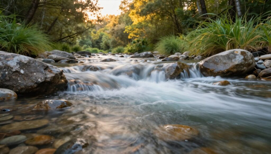 A dynamic long exposure scene showcasing the motion of flowing water over smooth rocks in a tranquil river. In the foreground, the water appears fluid and ethereal, captured with ghostly swirls due to the slow shutter speed, while pebbles and smooth stones beneath glisten in soft, diffused natural light. The middle ground features lush greenery and softly swaying grass, hinting at a gentle breeze. In the background, tall trees frame the scene, their leaves slightly blurry, conveying motion. The atmosphere is serene yet vibrant, evoking a sense of calm and creativity, with a warm, golden hour glow enveloping the landscape. The focus should be on the interplay between stillness and motion, effectively illustrating the essence of creative techniques in long exposure photography. A dynamic long exposure scene showcasing the motion of flowing water over smooth rocks in a tranquil river. In the foreground, the water appears fluid and ethereal, captured with ghostly swirls due to the slow shutter speed, while pebbles and smooth stones beneath glisten in soft, diffused natural light. The middle ground features lush greenery and softly swaying grass, hinting at a gentle breeze. In the background, tall trees frame the scene, their leaves slightly blurry, conveying motion. The atmosphere is serene yet vibrant, evoking a sense of calm and creativity, with a warm, golden hour glow enveloping the landscape. The focus should be on the interplay between stillness and motion, effectively illustrating the essence of creative techniques in long exposure photography.