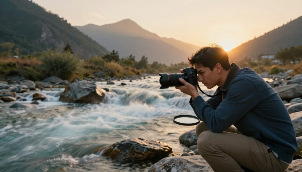 A dynamic scene capturing the essence of motion blur, featuring a professional photographer in a captivating outdoor setting at sunrise. In the foreground, the photographer, dressed in smart casual attire, is intently adjusting their camera settings while a sleek ND filter is visible in their hand. The middle ground highlights a rapidly flowing river, with water cascading over rocks, blurring beautifully to convey motion. In the background, a majestic mountain range stands bathed in warm golden light, adding depth and contrast. The atmosphere is vibrant and alive, illustrating the creative potential of breaking traditional photography rules. The overall image is infused with a soft, natural glow, showcasing the potential for artistic expression through innovative techniques.