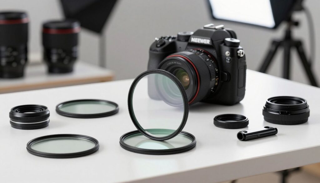 A high-quality image of a NEEWER versatile magnetic ND filter kit arranged on a clean, modern photography workbench. In the foreground, showcase the filter itself prominently, with shimmering glass reflecting light, surrounded by various magnetic adapters and accessories. In the middle, display a digital camera setup with the ND filter attached, showing its sleek design and user-friendly features. In the background, softly blurred out, include hints of photography gear like lenses, tripods, and softboxes, suggesting a professional atmosphere. The lighting should be bright and even, emphasizing the clarity and quality of the filter. Aim for a clean, organized look that conveys the professionalism and practicality of the NEEWER product for aspiring photographers. A high-quality image of a NEEWER versatile magnetic ND filter kit arranged on a clean, modern photography workbench. In the foreground, showcase the filter itself prominently, with shimmering glass reflecting light, surrounded by various magnetic adapters and accessories. In the middle, display a digital camera setup with the ND filter attached, showing its sleek design and user-friendly features. In the background, softly blurred out, include hints of photography gear like lenses, tripods, and softboxes, suggesting a professional atmosphere. The lighting should be bright and even, emphasizing the clarity and quality of the filter. Aim for a clean, organized look that conveys the professionalism and practicality of the NEEWER product for aspiring photographers.