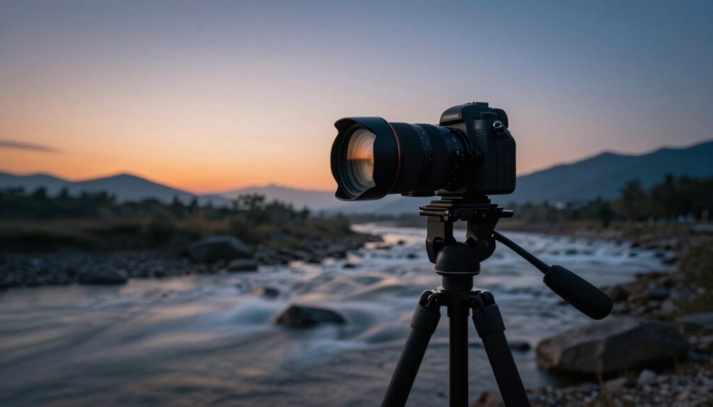 A photographer's camera setup on a sturdy tripod, focused on a scenic landscape at dusk. In the foreground, the camera features a high-quality lens attached and a 10-stop ND filter prominently visible, angled to catch the soft, fading light. In the middle ground, long exposure shots of a flowing river and softly blurred clouds create a sense of motion, demonstrating the effects of the ND filter. The background showcases distant mountains under a gradient sky transitioning from orange to deep blue. Soft, diffused lighting creates a tranquil atmosphere, accentuating the serene nature of long exposure photography. The overall mood is calming and professional, embodying the art of capturing beautiful long exposures. A photographer's camera setup on a sturdy tripod, focused on a scenic landscape at dusk. In the foreground, the camera features a high-quality lens attached and a 10-stop ND filter prominently visible, angled to catch the soft, fading light. In the middle ground, long exposure shots of a flowing river and softly blurred clouds create a sense of motion, demonstrating the effects of the ND filter. The background showcases distant mountains under a gradient sky transitioning from orange to deep blue. Soft, diffused lighting creates a tranquil atmosphere, accentuating the serene nature of long exposure photography. The overall mood is calming and professional, embodying the art of capturing beautiful long exposures.