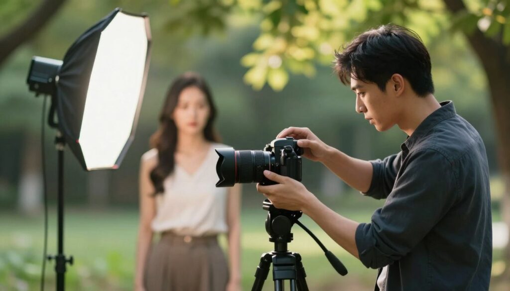 A professional photographer in a bright outdoor setting, balancing ambient sunlight with strobe lighting. The foreground features a camera set on a tripod, equipped with a wide aperture lens for a shallow depth of field. The photographer, dressed in smart casual attire, adjusts the strobe settings while observing the scene. In the middle ground, a model poses against a blurred natural backdrop, illuminated by the strobe, creating soft highlights on their features. The background showcases vibrant greenery and dappled sunlight filtering through the leaves, enhancing the ambiance. The overall mood conveys creativity and technical mastery, emphasizing the harmony between natural and artificial light sources, with a focus on achieving a professional-looking image in challenging lighting conditions.