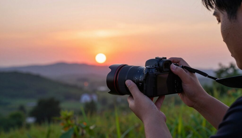 A professional photographer in a scenic outdoor setting, equipped with a camera and a variable ND filter attached to the lens, adjusts settings while capturing a vibrant sunset. In the foreground, the camera focuses on the dynamic range of light falling on a picturesque landscape, illustrating the effects of the ND filter. The middle ground features soft bokeh of greenery and distant hills, showcasing the contrast between natural brightness and rich colors. In the background, the sun dips below the horizon, casting warm hues of orange and pink across the sky. The scene is bathed in golden hour light, evoking a sense of tranquility and creativity. The camera is shot from a slightly low angle to emphasize the sunset's grandeur while maintaining a sharp focus on the photographer's hands adjusting the filter, symbolizing the evaluation of image quality and performance.