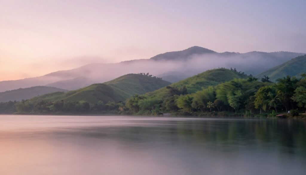 A serene landscape at dawn, illustrating the effects of neutral density filters. In the foreground, a calm lake reflects the soft pastel colors of the sky, with smooth water surface created by a long exposure effect. The middle ground features lush, green hills subtly blurred in motion, emphasizing the gentle breeze through the foliage, created by a slow shutter speed. In the background, a misty mountain range rises, shrouded in early morning fog. Soft, diffused light bathes the scene, enhancing the tranquil atmosphere. The image is taken from a low angle, capturing a wide perspective of this picturesque setting, showcasing the control of light and motion with ND filters. The overall mood is peaceful and dreamy, inviting viewers to explore the beauty of nature. A serene landscape at dawn, illustrating the effects of neutral density filters. In the foreground, a calm lake reflects the soft pastel colors of the sky, with smooth water surface created by a long exposure effect. The middle ground features lush, green hills subtly blurred in motion, emphasizing the gentle breeze through the foliage, created by a slow shutter speed. In the background, a misty mountain range rises, shrouded in early morning fog. Soft, diffused light bathes the scene, enhancing the tranquil atmosphere. The image is taken from a low angle, capturing a wide perspective of this picturesque setting, showcasing the control of light and motion with ND filters. The overall mood is peaceful and dreamy, inviting viewers to explore the beauty of nature.