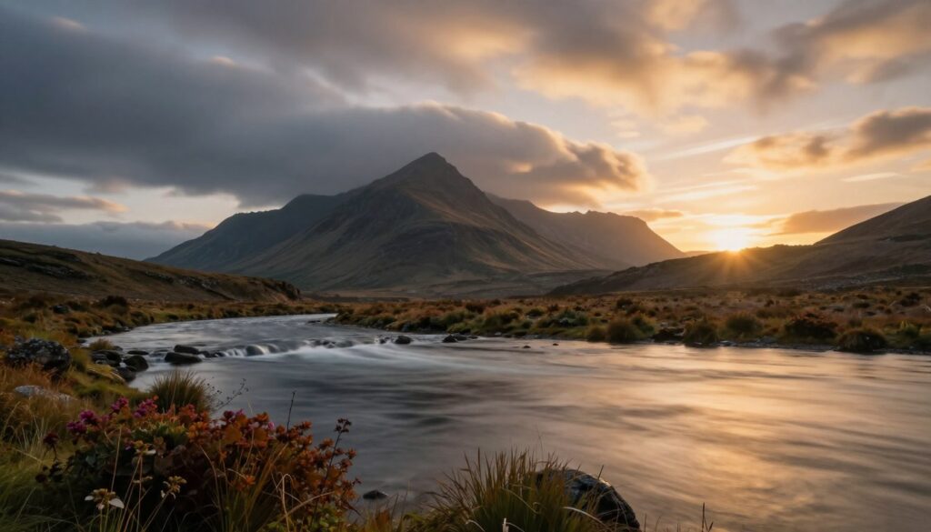 A serene landscape scene showcasing the effects of various ND filters in photography. In the foreground, vibrant foreground vegetation and gently flowing water reflecting softened light. The middle ground features a majestic mountain range under a dramatic sky, with clouds subtly blurred by long exposure techniques. In the background, a sunset casts a warm golden hue over the landscape, highlighting the contrast between shadows and light. The lighting should evoke a sense of tranquility, with a focus on capturing the ethereal quality of nature. Use a wide-angle lens perspective to emphasize depth, creating an inviting atmosphere that encourages exploration of creative techniques in landscape and video photography.