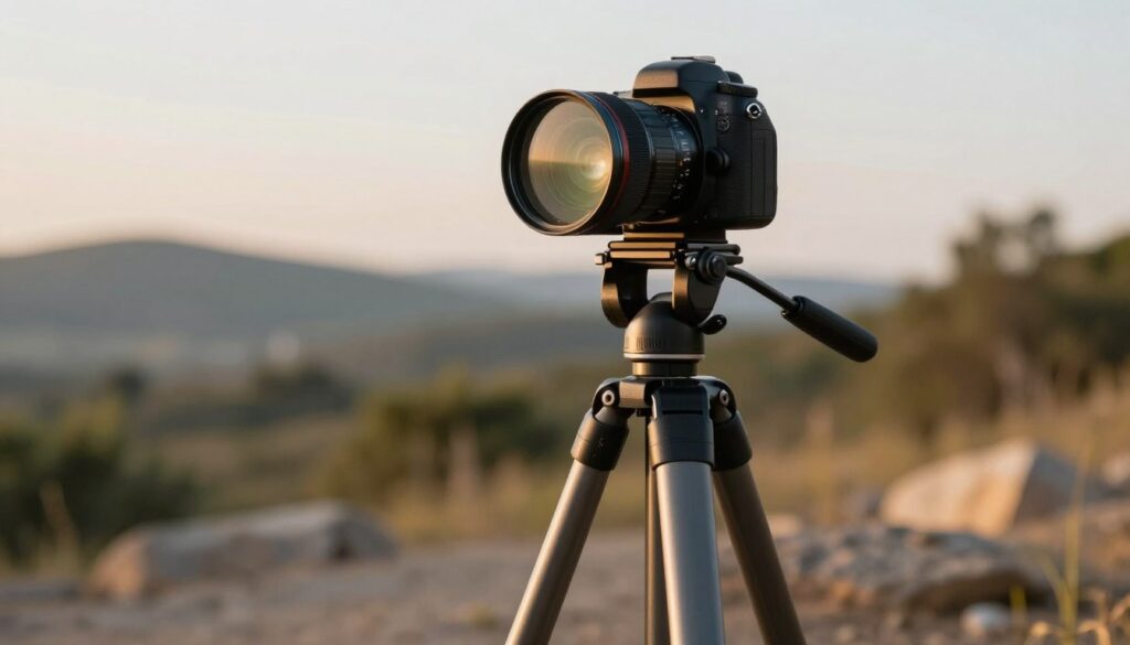 A sturdy, professional-grade tripod designed specifically for camera filters, prominently featured in the foreground. The tripod is made of durable aluminum alloy with rubber feet for stability on uneven surfaces. It holds a high-quality ND filter, showcasing its versatility for both DSLR and mirrorless cameras. In the middle ground, a blurred scenic backdrop of a natural landscape during golden hour, with soft, warm lighting that enhances the reflective surface of the filter. The scene conveys a sense of preparedness and professionalism, emphasizing the importance of using quality gear in videography. The angle is slightly low, capturing the tripod's height and stability while framing the filter prominently to highlight its essential role in the photo and video shooting process.