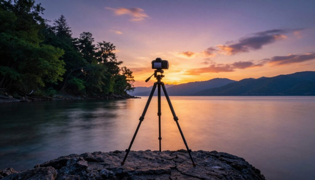 A sturdy tripod stands at the forefront, its legs firmly planted on rocky terrain. The camera, attached to the tripod, faces a serene body of water reflecting a stunning sunset. In the middle ground, gentle waves softly lap against the shore, hinting at movement in a long exposure shot. Lush greenery frames the scene, with silhouetted trees softly illuminated by the diffused golden light of the setting sun. In the background, distant mountains fade into a hazy twilight sky, filled with vibrant hues of orange, purple, and blue. The atmosphere is tranquil and meditative, conveying the essence of long exposure photography. The scene is captured with a wide-angle lens, emphasizing depth and perspective, highlighting the meticulous setup essential for stunning long exposure shots.