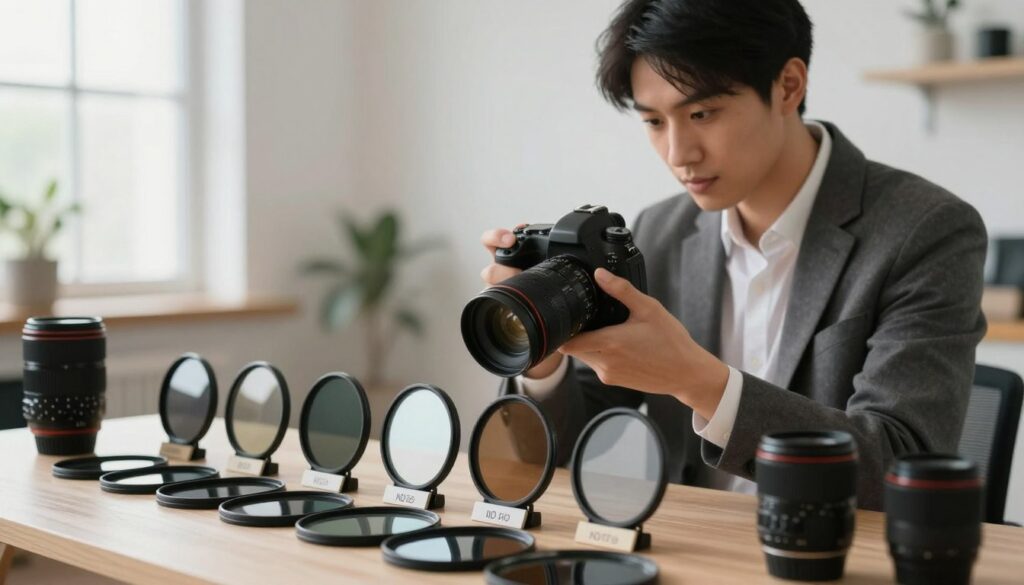 A well-organized photography setup depicting a photographer in professional business attire thoughtfully selecting neutral density (ND) filter strengths. Foreground: a close-up of various ND filters arranged neatly on a table, showcasing different stop strengths with clear labeling. Middle ground: the photographer, a young adult holding a DSLR camera, examining one of the filters with a focused expression. Background: a softly blurred, well-lit photography studio with soft natural light streaming through a window, enhancing the calm and contemplative atmosphere. The scene conveys a sense of precision and professionalism, highlighting the importance of choosing the right stop strength for creative video shots.